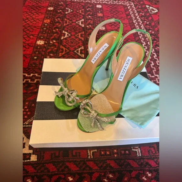 NEW NIB Aquazzura Babe 105 Sandals Heels in Green Satin